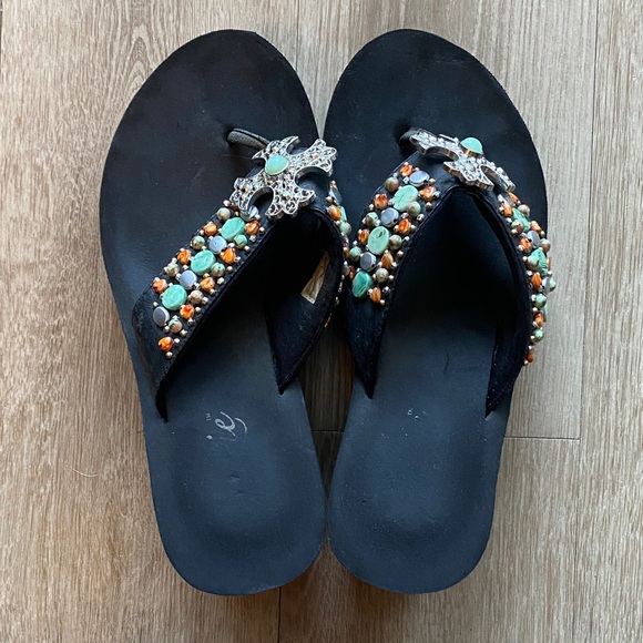 Grazie Black Sandals with Turquoise and Orange Bead Accents - Picture 5 of 5